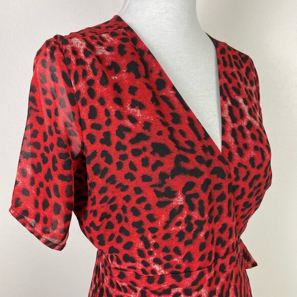 Bardot | NWT Red Leopard Print Chiffon Midi Wrap Dress - Picture 5 of 10